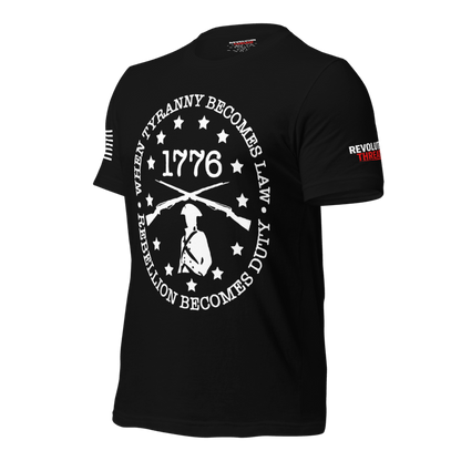 1776 Rebellion T-Shirt - Minuteman & "Tyranny Becomes Law" Statement Tee