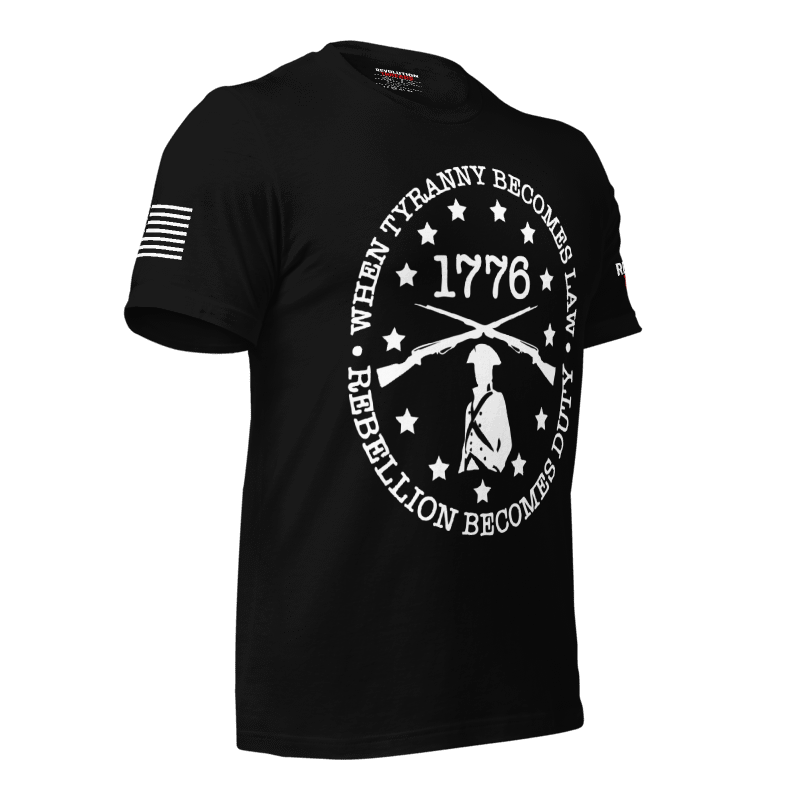 1776 Rebellion T-Shirt - Minuteman & "Tyranny Becomes Law" Statement Tee