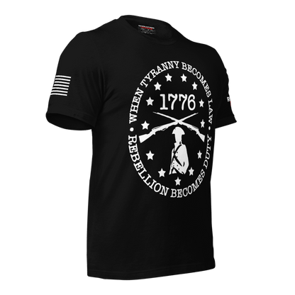 1776 Rebellion T-Shirt - Minuteman & "Tyranny Becomes Law" Statement Tee