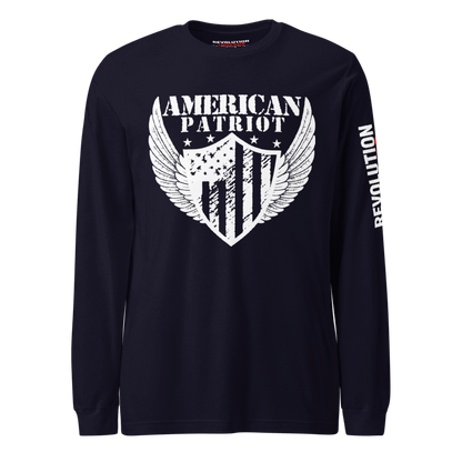 American Patriot Long Sleeve T-Shirt - Defend Liberty Flag and Eagle Graphic