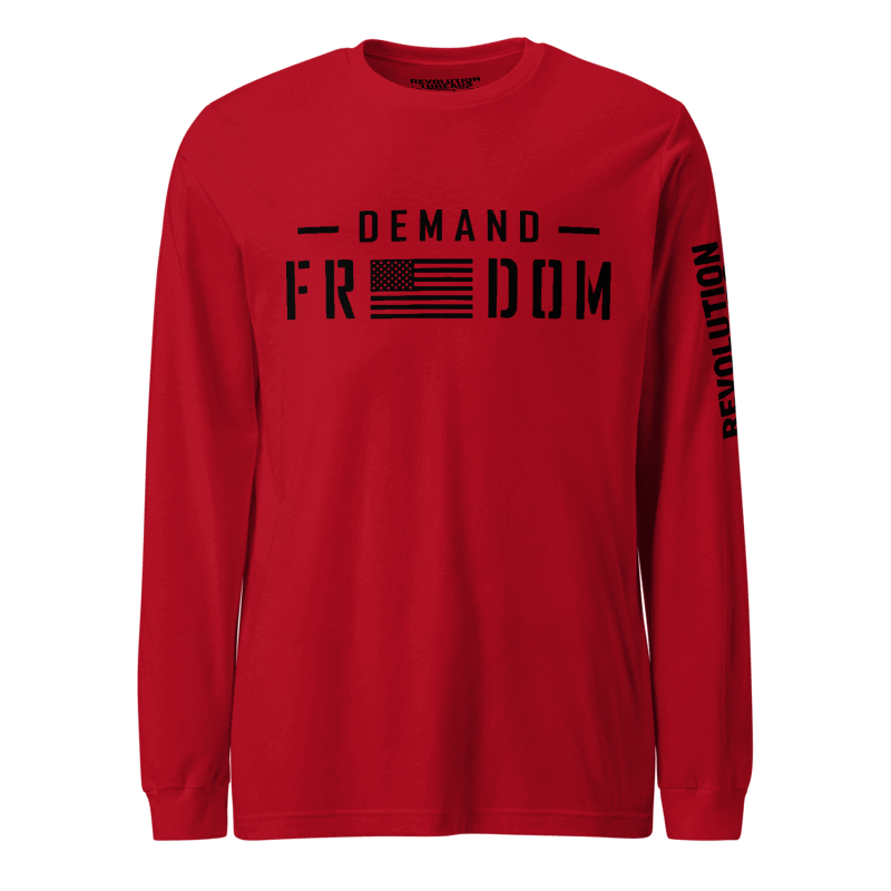 Demand Freedom Long Sleeve T-Shirt - Patriotic Flag & Bold Text Graphic