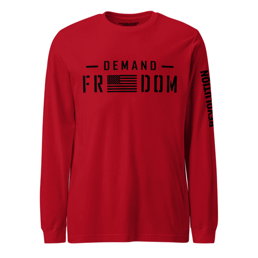 Demand Freedom Long Sleeve T-Shirt - Patriotic Flag & Bold Text Graphic