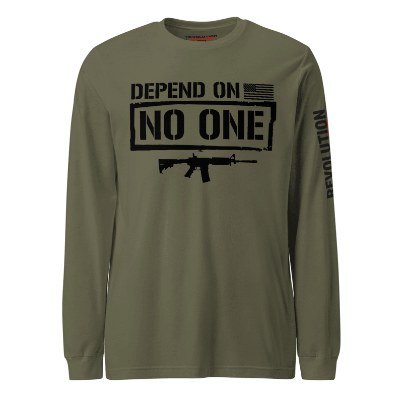 Depend On No One Long Sleeve T-Shirt - Tactical Rifle & Self-Reliance Graphic