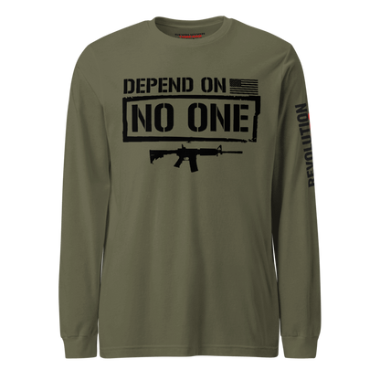 Depend On No One Long Sleeve T-Shirt - Tactical Rifle & Self-Reliance Graphic