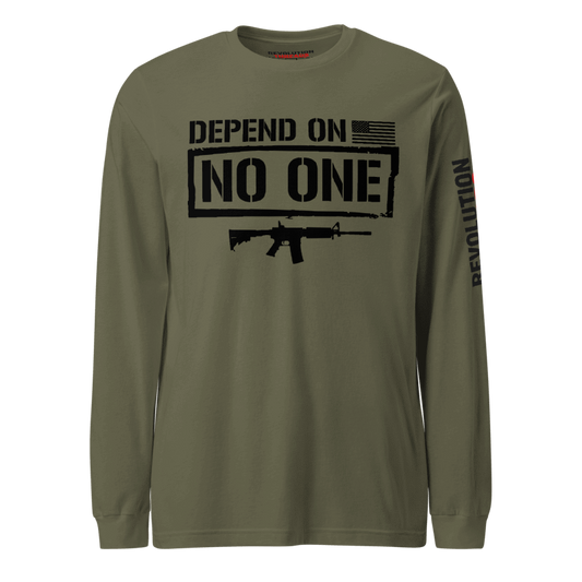 Depend On No One Long Sleeve T-Shirt - Tactical Rifle & Self-Reliance Graphic